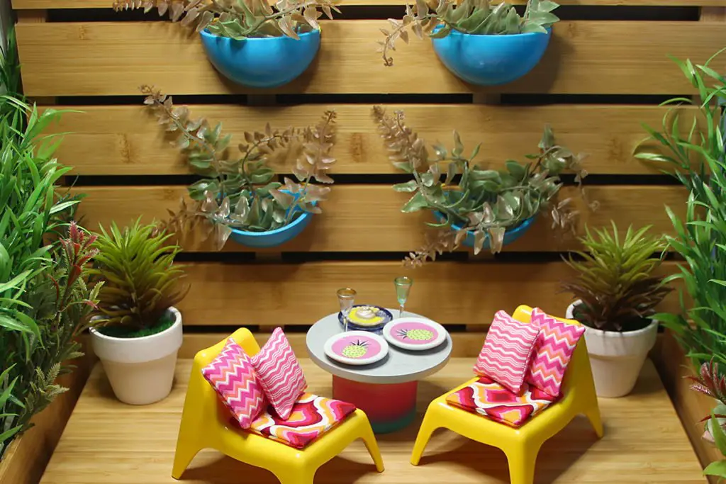 DIY dollhouse bright outdoor garden deck furniture ikea hack Huset