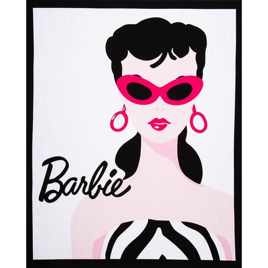 Barbie fabric brunette Barbie wearing black and white swimsuit and pink sunglasses