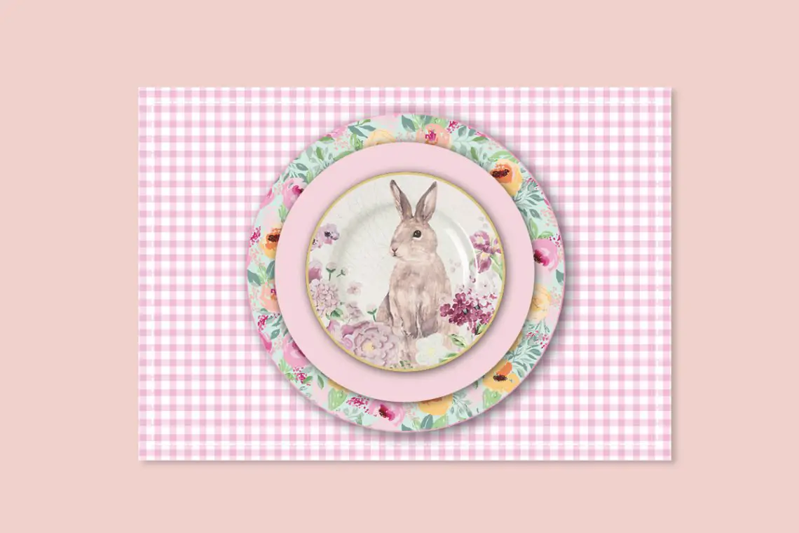 Free Easter printable for dolls - pink mauve bunny table setting