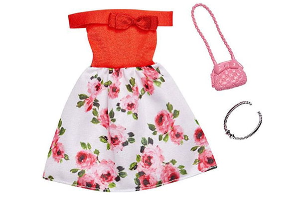 Barbie Fashion Pack with red off-the-shoulder floral dress, pink quilted bag, silver necklace