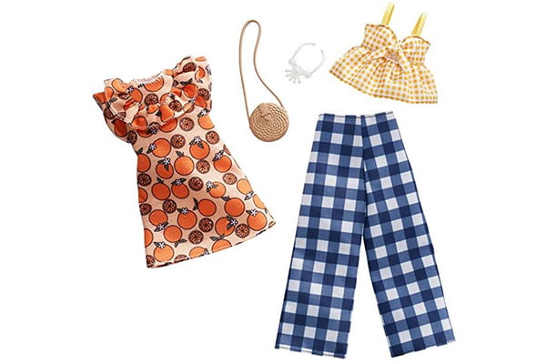 Barbie Fashion Pack with orange fruit dress, rattan bag, yellow gingham top, relaxed blue check pants