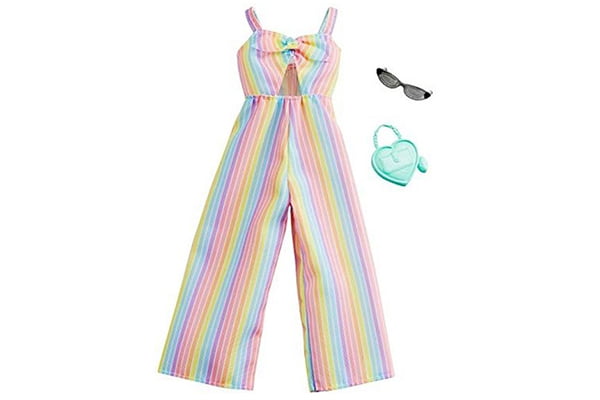 Barbie Fashion Pack rainbow-striped jumpsuit, aqua heart-shaped purse, sunglasses