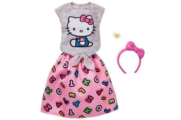 Barbie Fashion Pack Hello Kitty gray top and pink alphabet skirt, pink bow headband