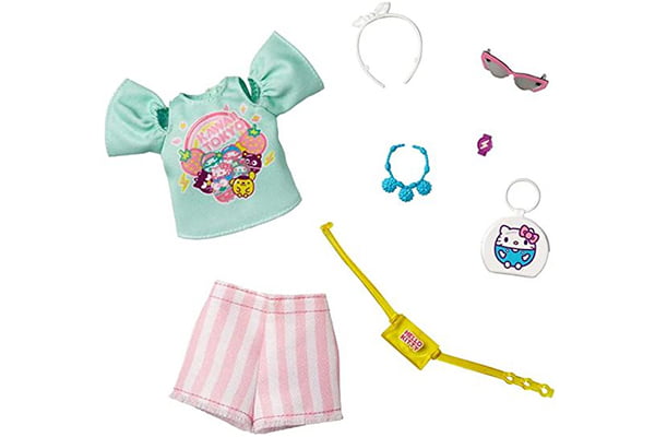 Barbie Storytelling Fashion Pack Hello Kitty Kawaii Tokyo top, stripe shorts, bum bag, purse, sunglasses, headband, necklace, watch