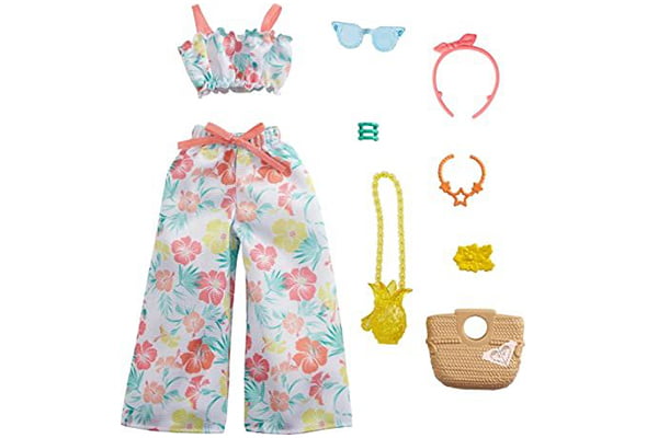 Barbie Storytelling Fashion pack Roxy floral pants and top, pineapple purse, straw bag, sunglasses, headband, jewellery