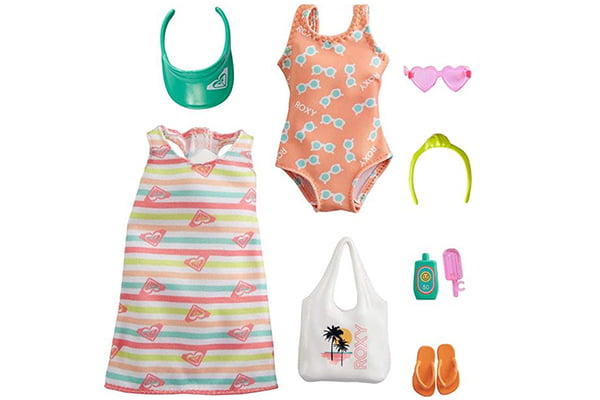 Barbie Storytelling Fashion Pack for Roxy containing swimsuit, beach bag, ice cream, flip flops, heart sunglasses, sun visor, stripe dress