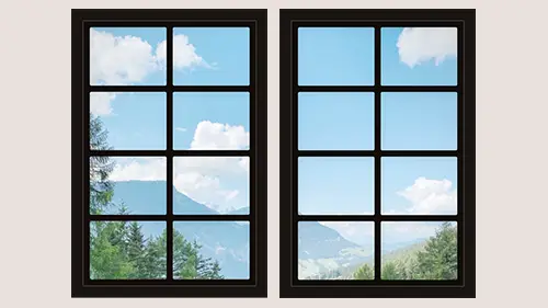 Dollhouse windows printable version 1 with dark frame and pine trees and mountains view