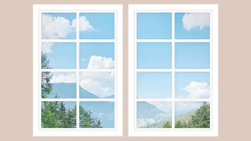 Dollhouse windows printable version 1 with white frame and pine trees and mountains view