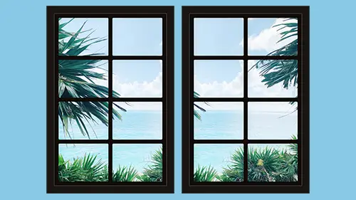 Dollhouse window with dark frame and ocean view and palm trees