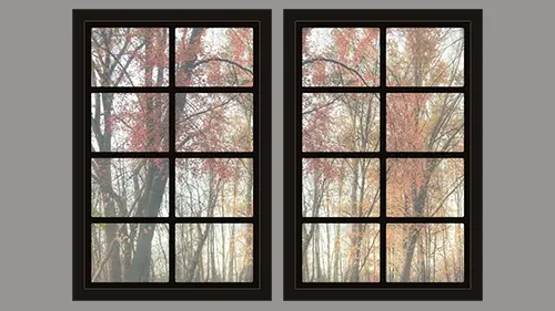Dollhouse windows printable version 3 with dark frame and view of fall foliage trees