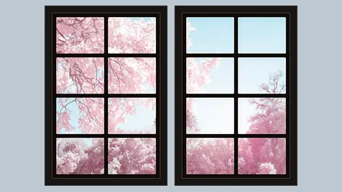 Dollhouse window with dark frame and sakura cherry blossom view
