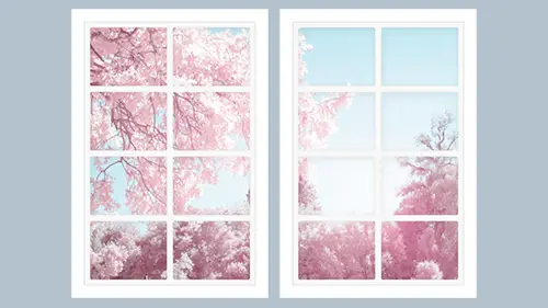 Dollhouse window with white frame and sakura cherry blossom view