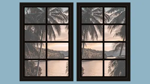 Dollhouse window with dark frame and palm trees at sunset