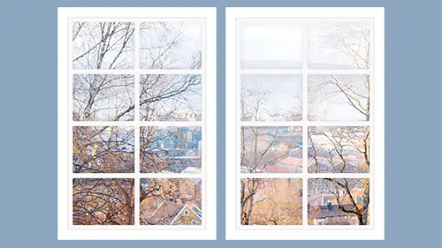 Dollhouse window with white frame and neighborhood view in Fall