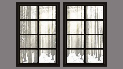 Snowy forest dollhouse window with view - free printable