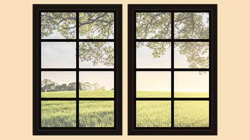 Dollhouse window with dark frame and golden field view