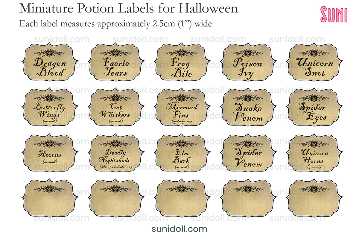 Miniature Halloween Potion Labels - Free Printable - Suni Doll