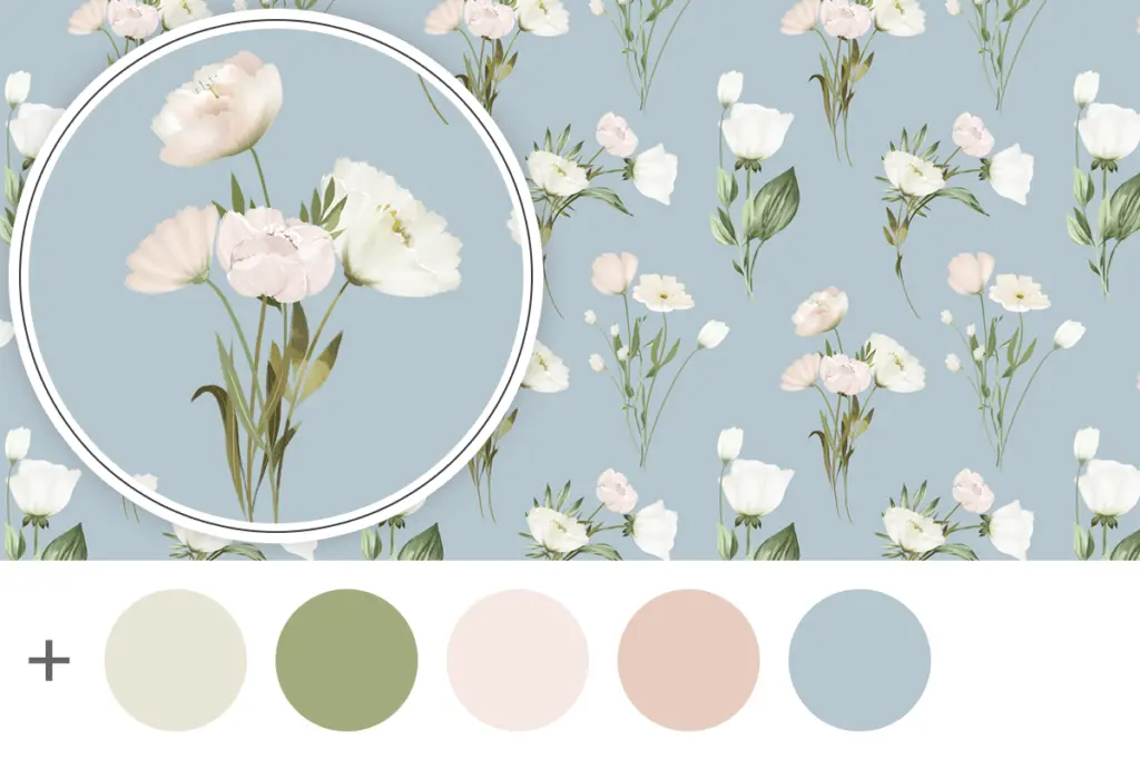 dollhouse wallpaper white and cream flower on French blue background