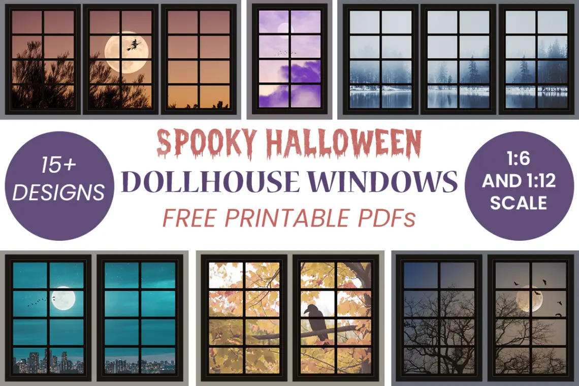 Spooky dollhouse windows printable for Halloween - 15 designs in 1:6 and 1:12 scale