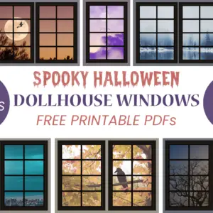 Spooky dollhouse windows printable for Halloween - 15 designs in 1:6 and 1:12 scale