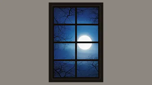 full moon against a bright night sky and branches - dollhouse windows printable for Halloween