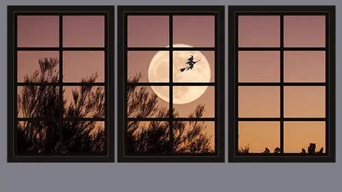 witch flying across full moon on her broomstick - spooky dollhouse windows printable for Halloween