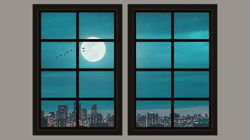 full moon over city skyline - dollhouse windows free printable 
