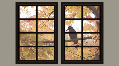 spooky dollhouse windows Halloween printables - raven in tree with fall foliage
