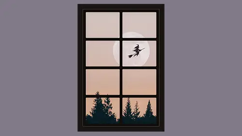 witch flying across moon - spooky dollhouse windows free printable for Halloween