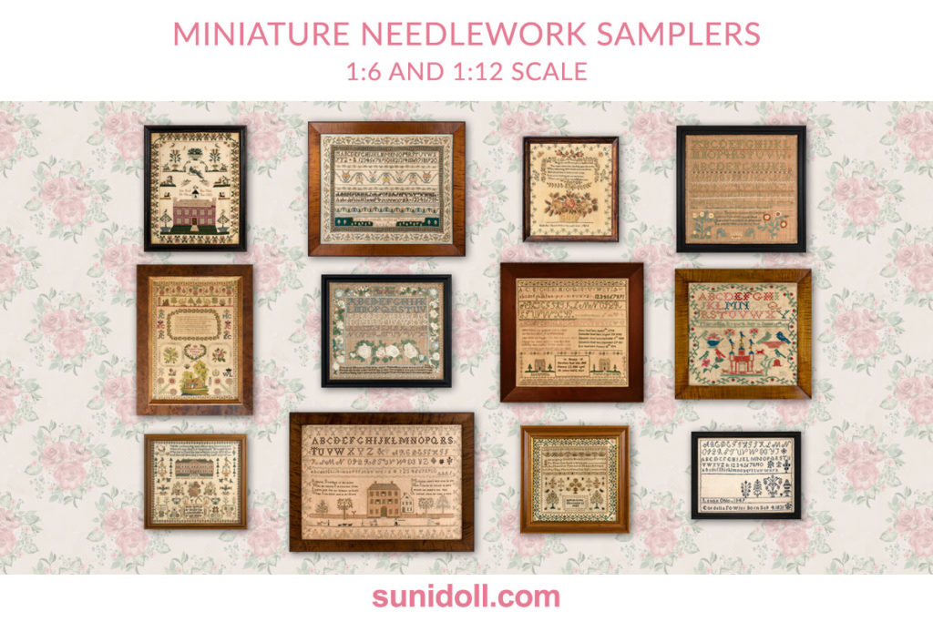 Miniature wall art needlework samplers free printables in 1:6 and 1:12 scale