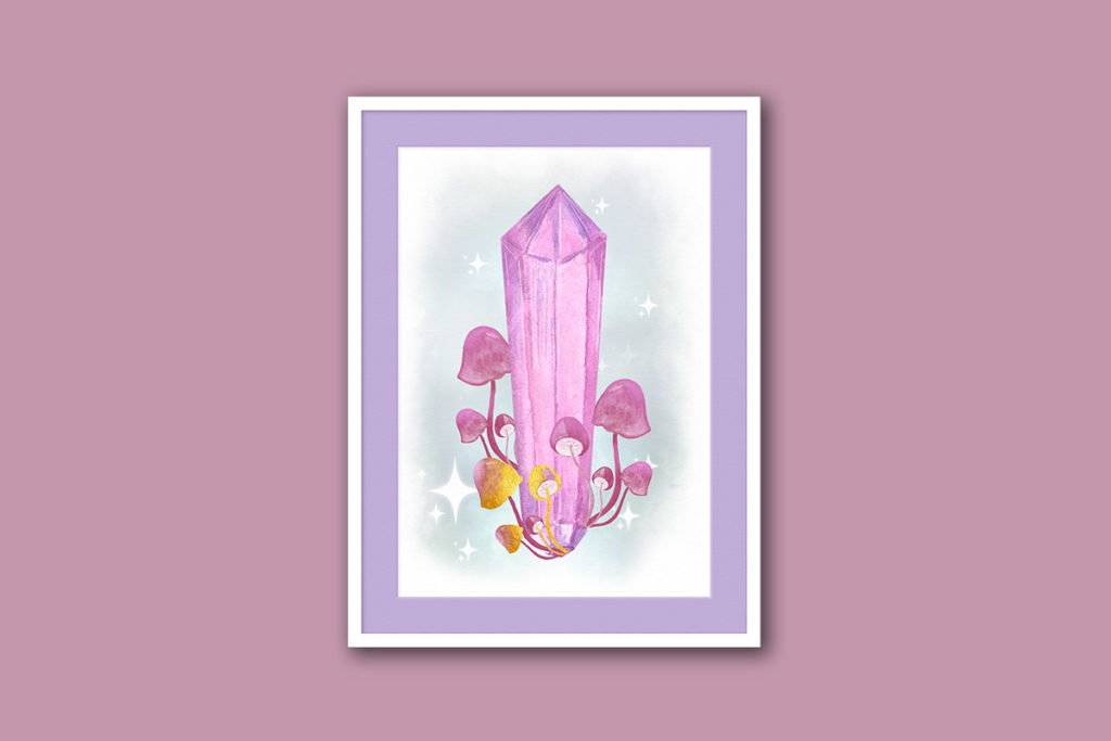 pink crystal with mushrooms and star dust miniature art printable