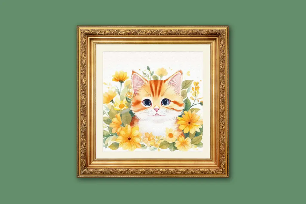 Golden flowers and kitty cat - Fall and Autumn Dollhouse Wall Art