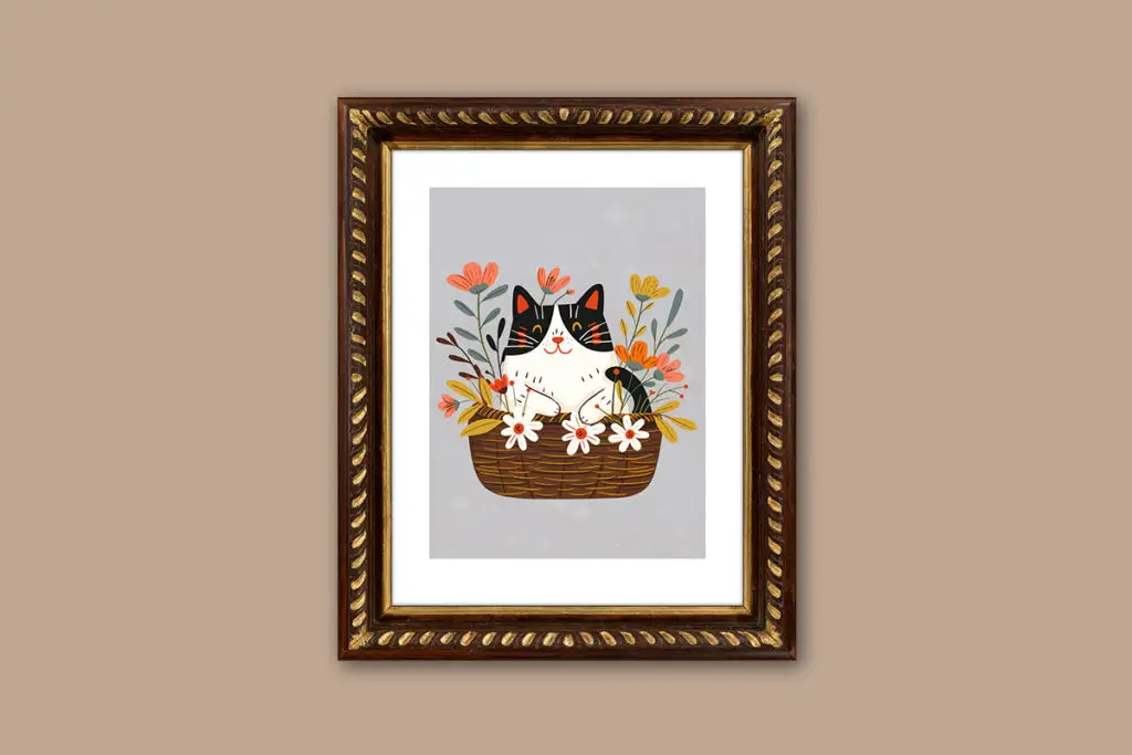 black and white cat in basket miniature art for dollhouses