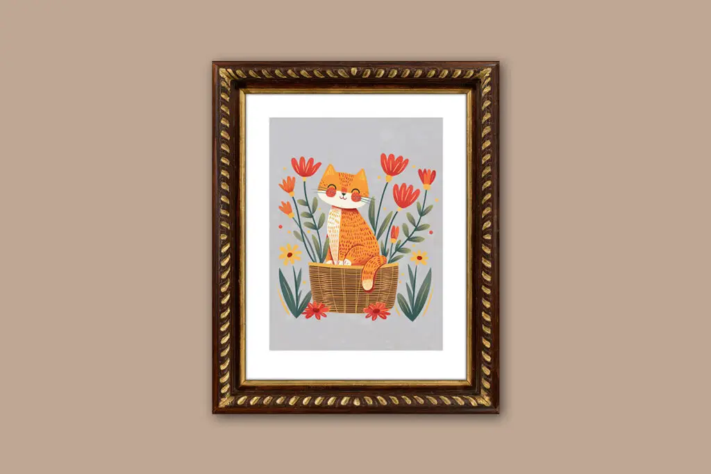 ginger cat in basket miniature dollhouse wall art with frame