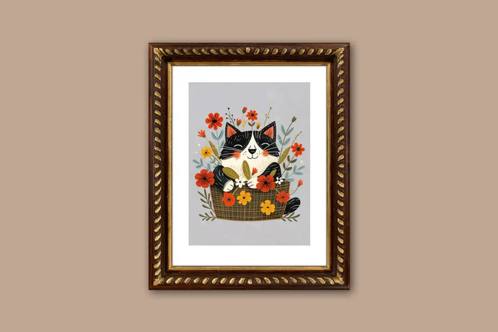 miniature cat wall art for dollhouses - black and white cat in basket