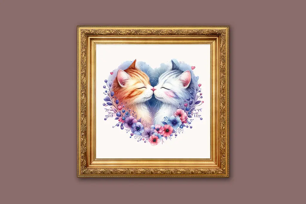 cats in love miniature dollhouse art with gold frame