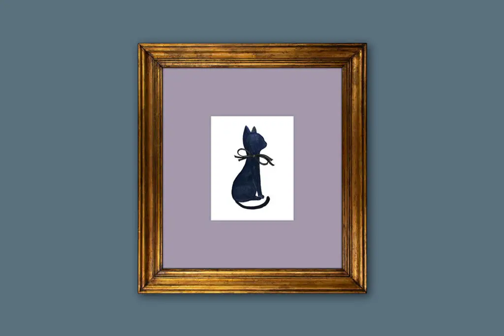 miniature black cat with ribbon dollhouse wall art printable with frame