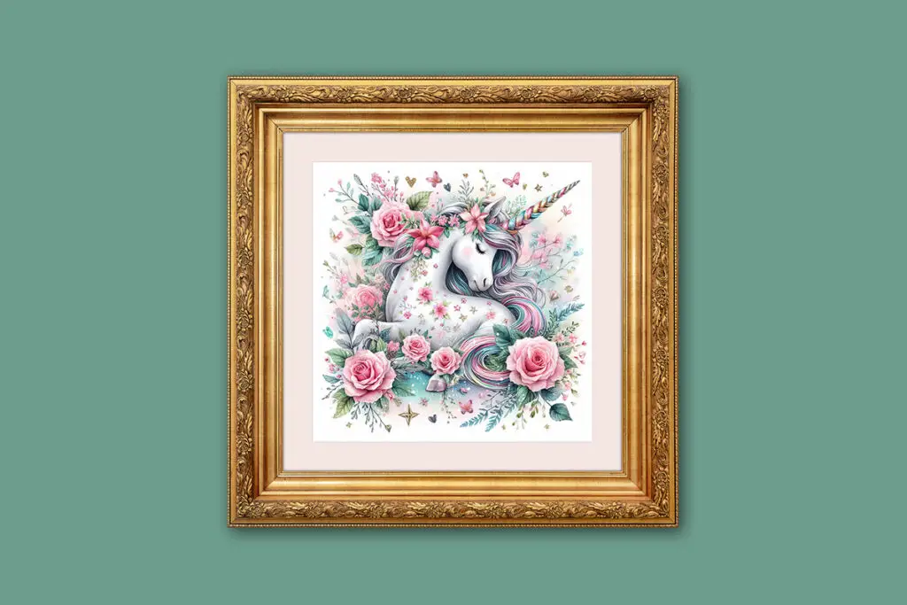 unicorn with roses gold frame miniature dollhouse wall art