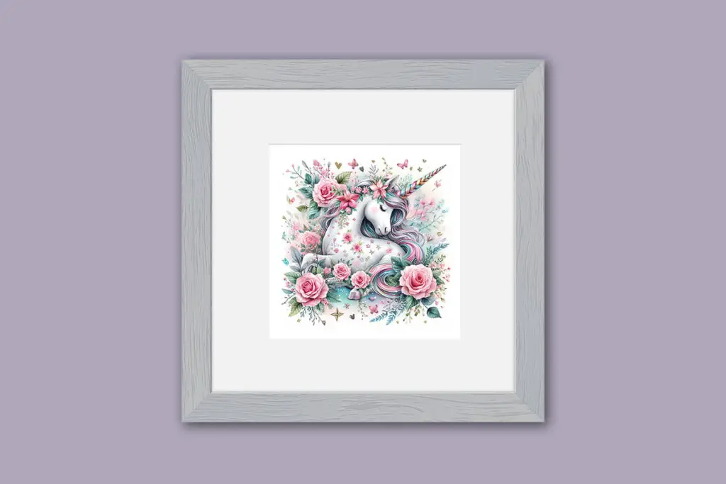 miniature dollhouse unicorn wall art with pink roses grey frame