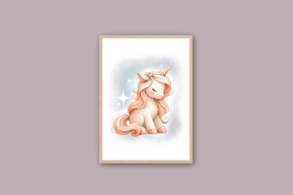 dollhouse nursery wall art unicorn stars oak frame