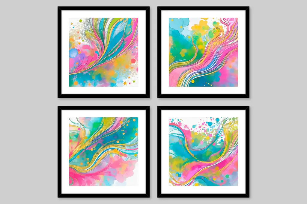 colorful abstract rainbows miniature wall art dollhouse printables with black frames