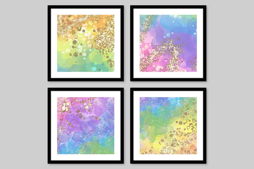 Printable dollhouse wall art with watercolor rainbow pastels and glitter - black frames