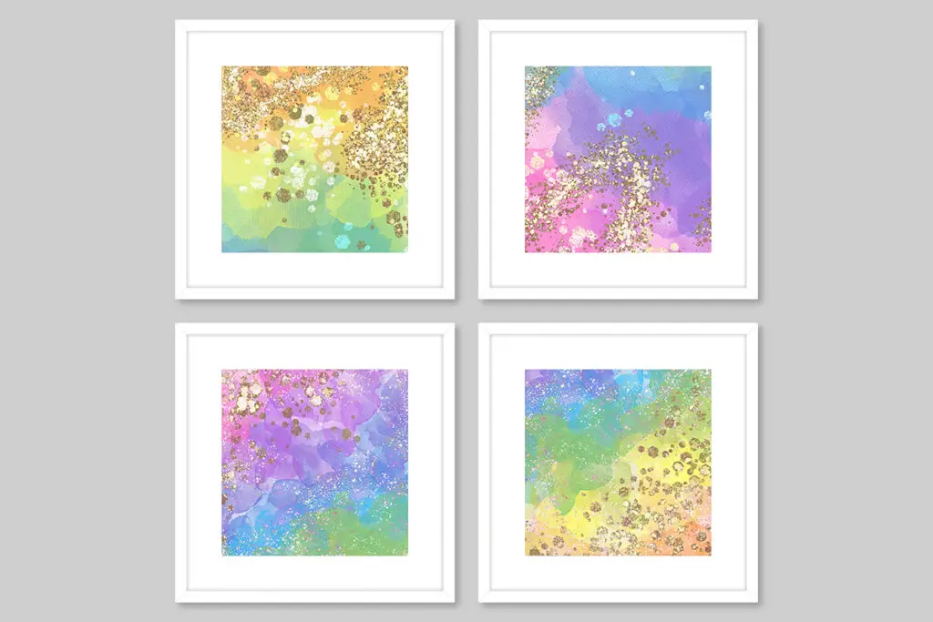Miniature dollhouse printable wall art with watercolor rainbow pastels and glitter - white frames