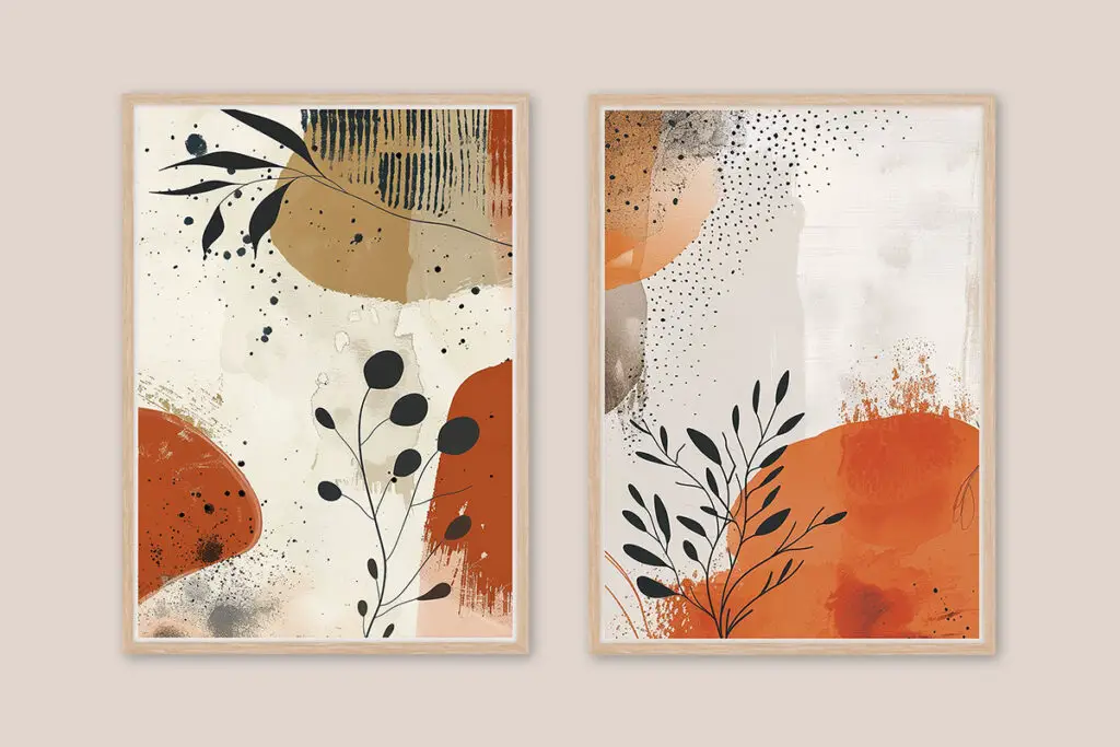 abstract modern boho wall art for dollhouses with floral details in ochre, black and beige