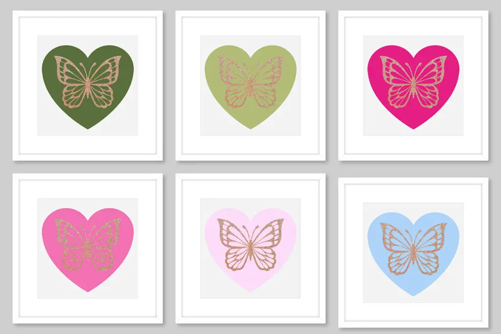 wabh00002 butterfly hearts miniature printable wall art white frames